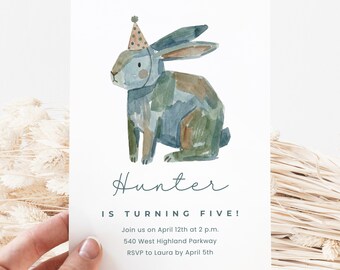 Bunny Canva Invite Template, Watercolor Rabbit Birthday Party Invitation, Editable Invite, Digital Download