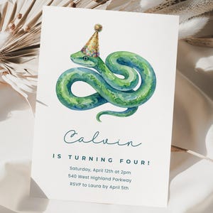 May include: A birthday invitation with a watercolour illustration of a green snake wearing a party hat. The invitation reads "Calvin is turning four!" with event details below. The design is on a white background.