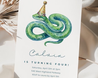 Snake Birthday Canva Invite Template, Reptile Party Invitation, Editable Watercolour Snake Card, Party Animal Theme Invite