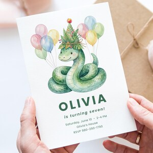 Akvarell ormfödelsedagsinbjudningsmall för Canva, redigerbar reptilfestinbjudan digital nedladdning för barn
