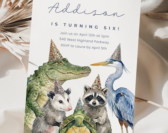 Watercolor Animals Birthday Canva Invite Template, Party Hats Invitation Card, Editable Kids Invites, Animal
