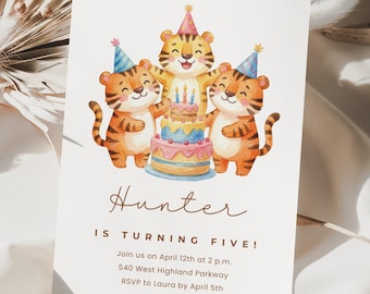 Tiger Birthday Party Invitation, Canva Template, Kids Birthday Invite, Watercolor Tigers, Edit and Print