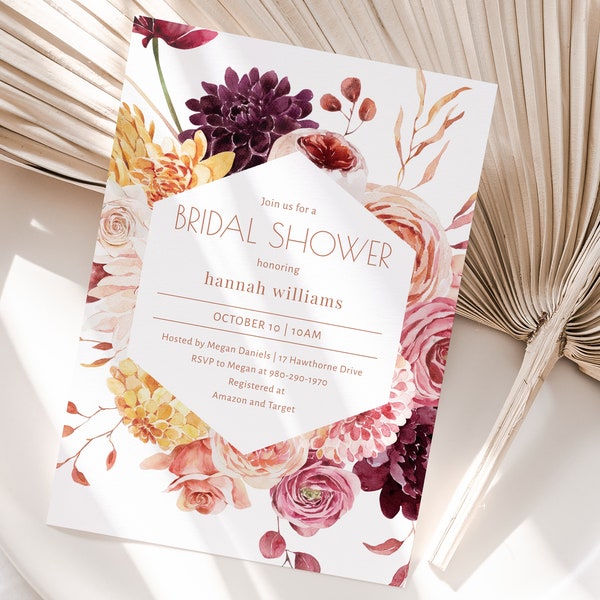 Fall Bridal Shower Invitation, Autumn Pink Plum Mauve Flowers, Boho Floral Wedding Shower Invite, Printable Editable CORJL Template MP10