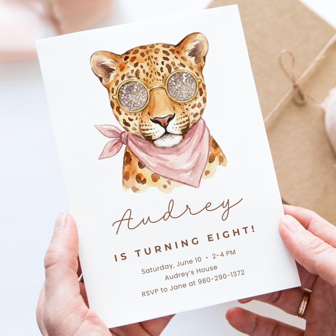 Leopard Birthday Party Invitation Template, Glitter Sunglasses Safari ...