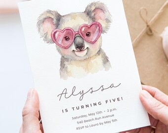 Koala verjaardagsuitnodiging Canva sjabloon, bewerkbare Kids Birthday Party uitnodiging, schattig meisje 1e 2e 3e 4e 5e digitale download