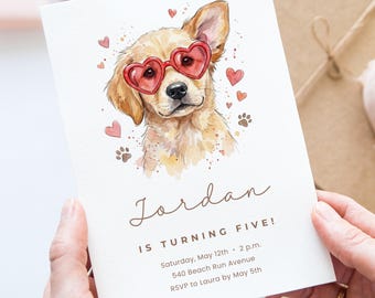 Golden retriever verjaardagsuitnodiging canvas sjabloon, bewerkbare puppy feestuitnodiging, schattige hondenliefhebber Kid's eerste verjaardag digitale download