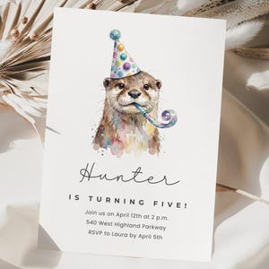 Invitación de cumpleaños de nutria en Canva, plantilla de animal de fiesta, invitación DIY