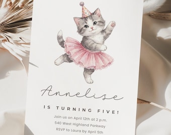 Cat Birthday Invitation Canva Template, Kitten Party Invite, Ballerina Cat Invite, Kitty Birthday Party, Editable