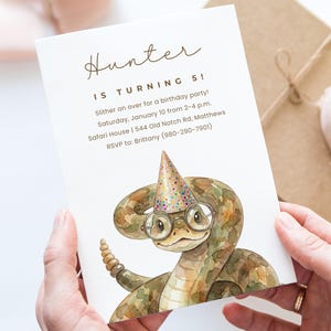 May include: A birthday party invitation with a watercolour illustration of a snake wearing glasses and a party hat. The invitation reads "Hunter is turning 5!" and includes party details.