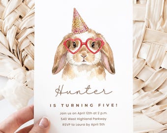 Bunny Birthday Canva Invite Template, Kids Party Invite, DIY Editable Bunny Invitation