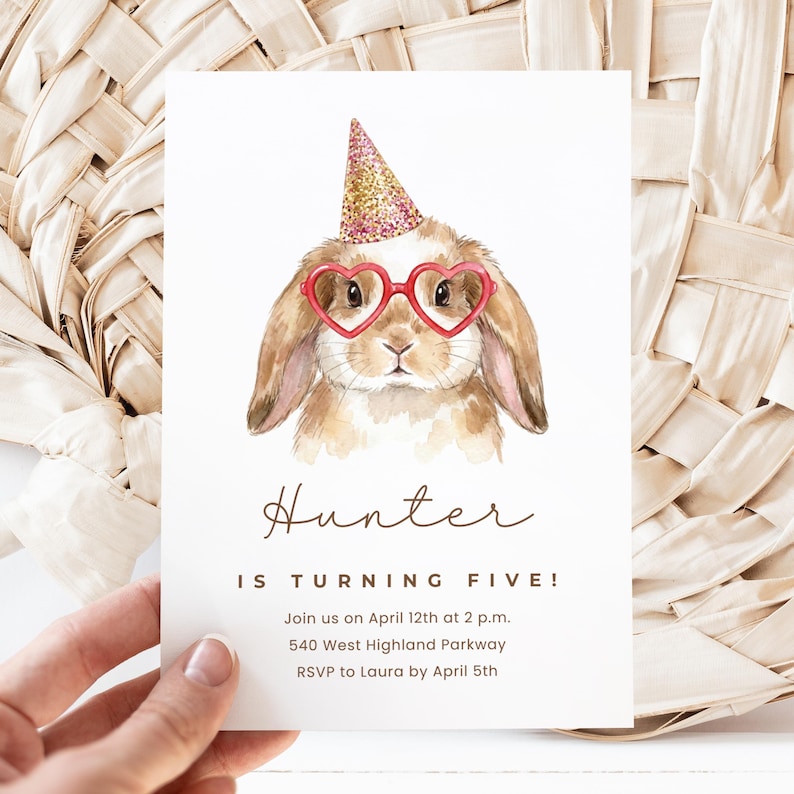 Customizable Rabbit Birthday Invitation Card, Kids Party, Watercolor Bunny Design with Glasses and Glitter Hat