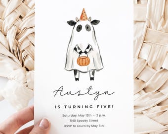 Ghost Cow Birthday Invitation Canva Invite Template, Cute Spooky Halloween Kids Birthday Party Editable Invite, Printable Farmhouse Cow