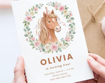May include: A white invitation card featuring a watercolor illustration of a horse with a party hat, surrounded by a floral wreath. The text "OLIVIA is turning five!" is displayed in brown, along with event details.
