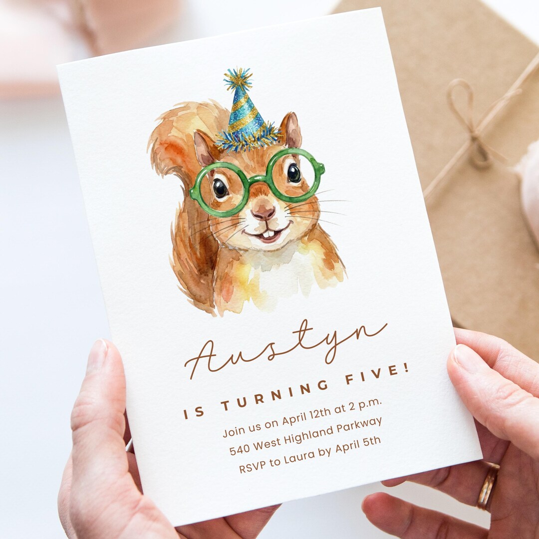 Squirrel Birthday Canva Invite Template, Watercolor Animal Party ...