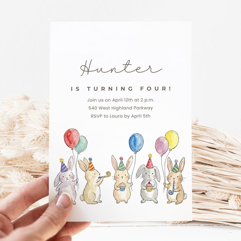 Handcrafted Watercolor Bunny Birthday Invitation, Customizable Kids Party Card