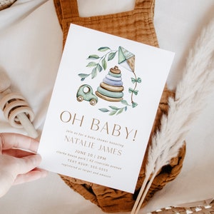 Oh Baby Shower Invitation Template, Printable Editable CORJL Template, Boho Baby Collage Invite, Greenery, Gender Neutral, Boy Invite, DIY