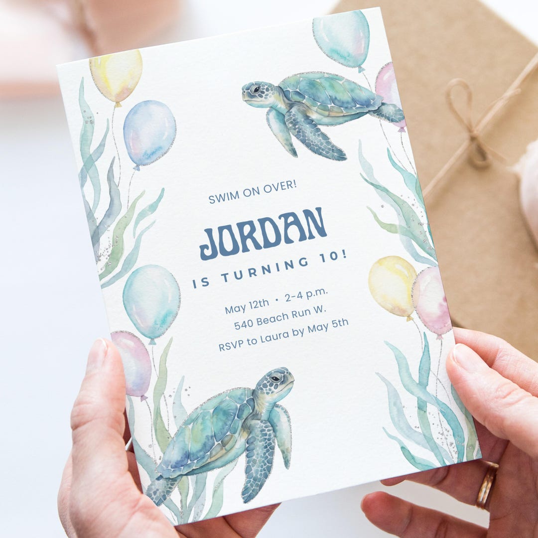 Sea Turtle Birthday Invitation Canva Template, Editable Under the Sea ...