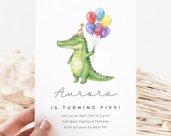 Crocodile Birthday Canva Invite Template, Alligator Party, Kids Birthday, Editable Invitation, Canva Template, Balloons Theme