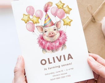 Hartje verjaardagsuitnodiging sjabloon canvas, bewerkbare aquarel piggy party uitnodiging, boerderijdier meisje eerste verjaardagsfeestje digitaal