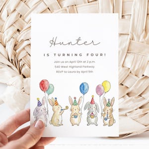 Bunny Birthday Invitation Card, Watercolor Rabbits, Personalized 4th Birthday Party, Kids Event