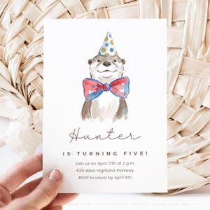 Otter Birthday Canva Invite Template, Watercolor Animal Party Invitation, DIY Printable, Kids Party
