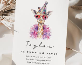 Giraffe verjaardag Canva uitnodigingssjabloon, uitnodiging dierenfeestje, Giraffe Party