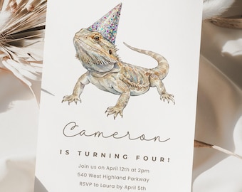 Bearded Dragon Birthday, Canva Invite Template, Reptile Party, Kids Birthday Invitation, Editable Template, Lizard Party Invite
