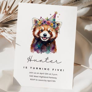May include: A birthday invitation featuring a watercolor illustration of a red panda wearing a party hat and floral crown. The text reads "Hunter is turning five!" with event details.