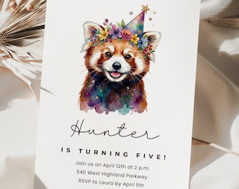 Rode panda verjaardag Canva uitnodigingssjabloon, feestbeest uitnodigen, kinderverjaardag, aquarel uitnodigen, bewerkbare uitnodiging