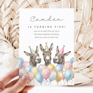 Donkey Birthday Canva Invitation Template, Watercolor Balloons Party Invite, Editable Animals Celebration Card