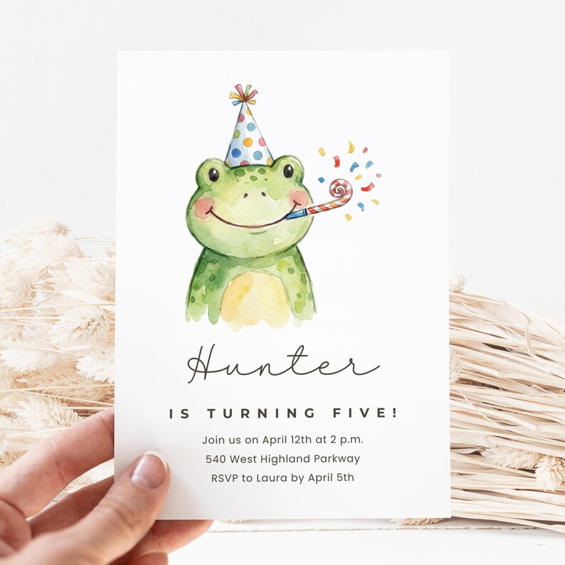 Customizable Birthday Party Invitation, Watercolor Frog Design, Kids Celebration Invite Card