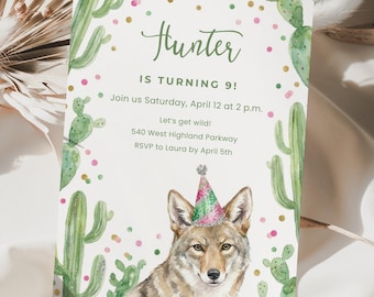 Aquarel Coyote Party Canva uitnodigingssjabloon, wilde verjaardagsuitnodiging, woestijncactus dier afdrukbare, kinderverjaardag, bewerkbare uitnodiging