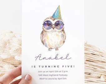 May include: A birthday invitation featuring a watercolor illustration of an owl wearing sunglasses and a party hat. The invitation reads "Anabel is turning five!" with event details below.