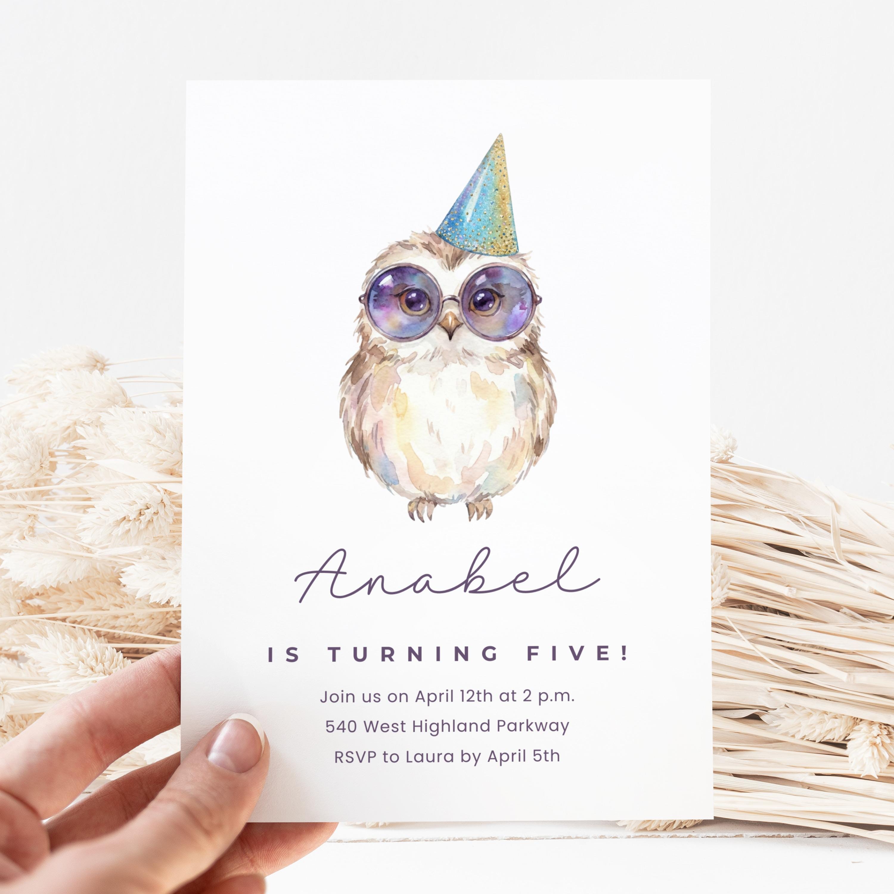 Owl Birthday Canva Invite Template, Party Hat, Watercolor Owl, Editable Invitation, Kids Birthday, G