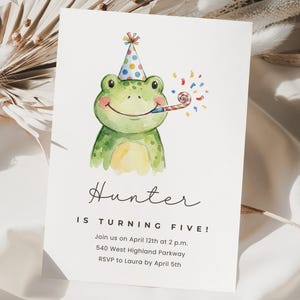 Cute Frog Birthday Invitation Card, Watercolor Kids Party Invite, Personalized Event Details