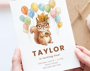Schattige eekhoorn verjaardag Canva uitnodigen sjabloon, Woodland Animal Party uitnodiging, herfst herfst kinderen 1e 5e verjaardag bewerkbare digitale sjabloon