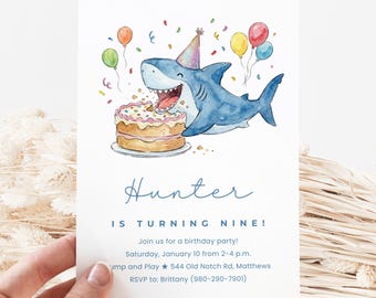 Shark Birthday Party Canva Invite Template, Kids Birthday Invitation, Boys Girls Birthday Party, Editable Canva Invitation, Watercolor Shark