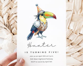 May include: A watercolor birthday invitation featuring a toucan wearing a pirate hat and vest. The invitation reads "Hunter is turning five!" with event details below. The toucan has a colorful beak and is set against a white background.