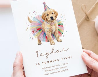 Golden retriever verjaardagsuitnodiging canva sjabloon bewerkbaar | Uitnodiging voor puppyfeestje | Hondenfeestdecoratie kinderen | Digitale uitnodiging voor 5e verjaardag
