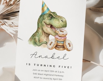 May include: A birthday invitation with a watercolour illustration of a green dinosaur wearing a party hat and eating donuts. The invitation reads "Anabel is turning five!" with event details below.