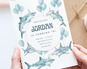 Haai verjaardagsuitnodiging Canva uitnodigingssjabloon, bewerkbare oceaan thema kinderfeest digitale download, aquarel Sharks Party