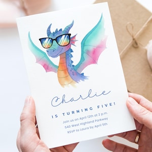 Dragon Birthday Invite Canva Template, Watercolor Dragon Party, Cool Dragon Invitation, Editable Template, Digital Invite
