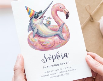 Kids verjaardag Canva uitnodigingssjabloon, bewerkbare uitnodiging voor zwembadfeest, tropische zomer flamingo zwaardvis digitale download