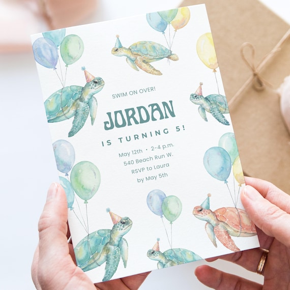 Sea Turtle Birthday Invitation Editable Canva Template for Kids Ocean Party, Watercolor Swim Party Invite for Boy or Girl