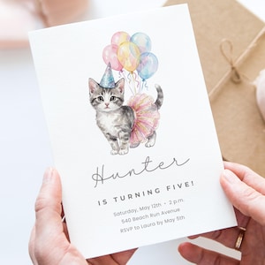 May include: A white invitation card featuring a watercolor illustration of a gray tabby kitten wearing a party hat and tutu, holding balloons. The text reads "Hunter IS TURNING FIVE!" with event details.