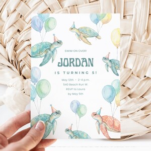 Sea turtle birthday invitation with balloons, text "Jordan is turning 5".