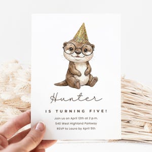 Otter Birthday Invite Canva Template, Watercolor Party Animal Printable Invitation, Edit Online, DIY