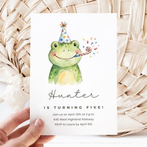 Hand Painted Frog Birthday Invitation Card, Kids Watercolor Party Invite, Personalized Event Stationery