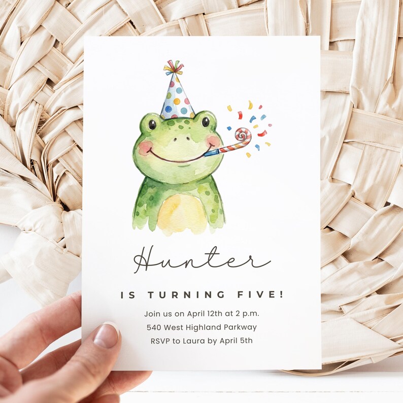 Hand Painted Frog Birthday Invitation Card, Kids Watercolor Party Invite, Personalized Event Stationery