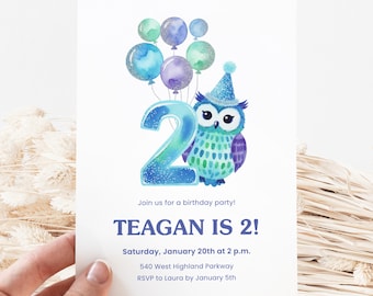 Owl Birthday Invite Canva Template, Two Birthday Party, Second Birthday Invitation, Edit Online, Digital Download